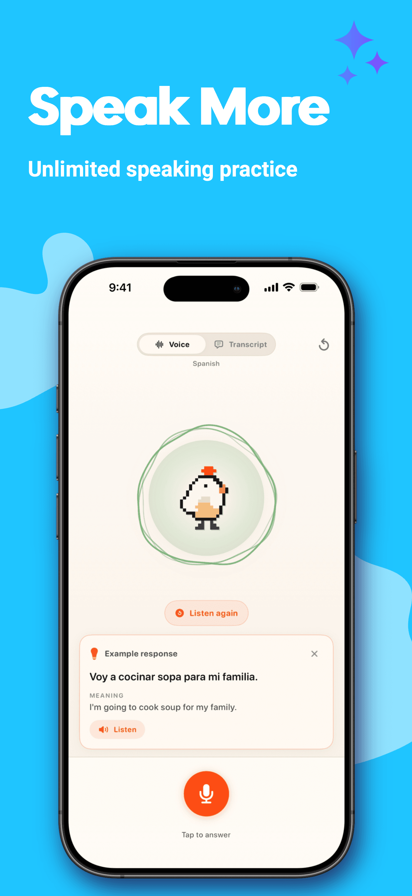 Koko speaking practice screen with an example Spanish response