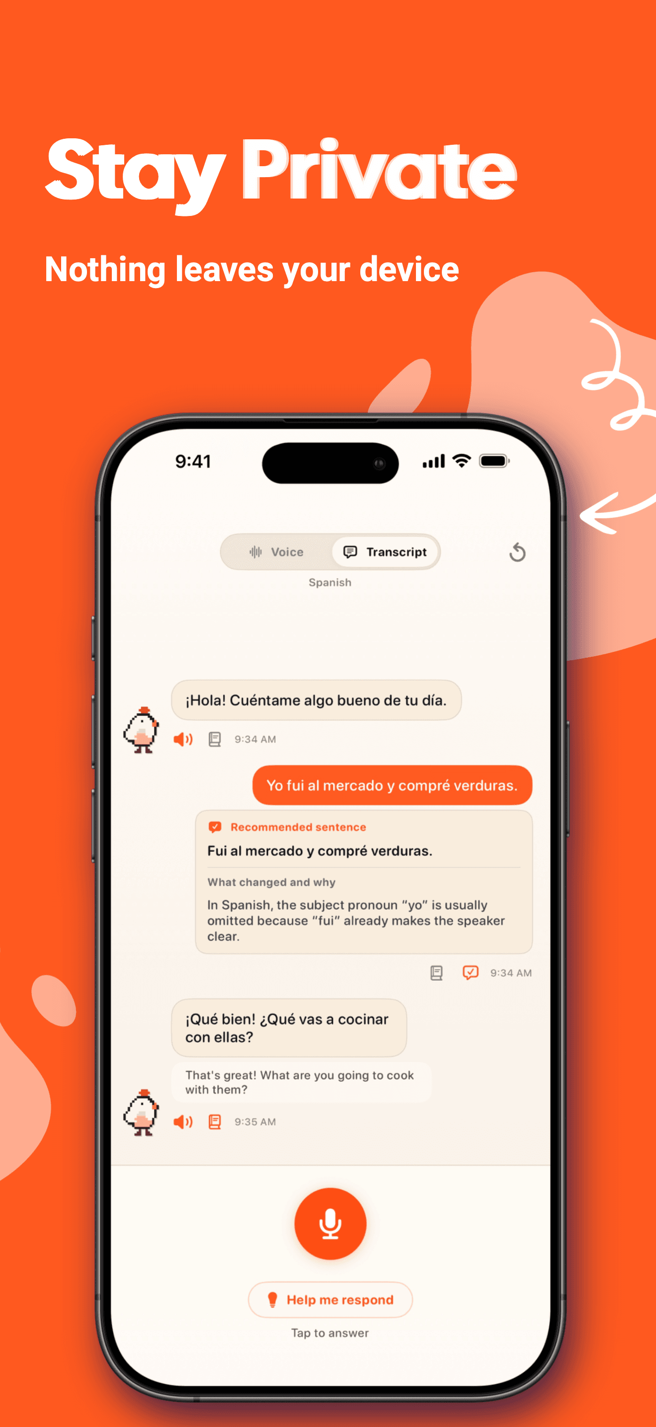 Koko private Spanish conversation transcript with feedback
