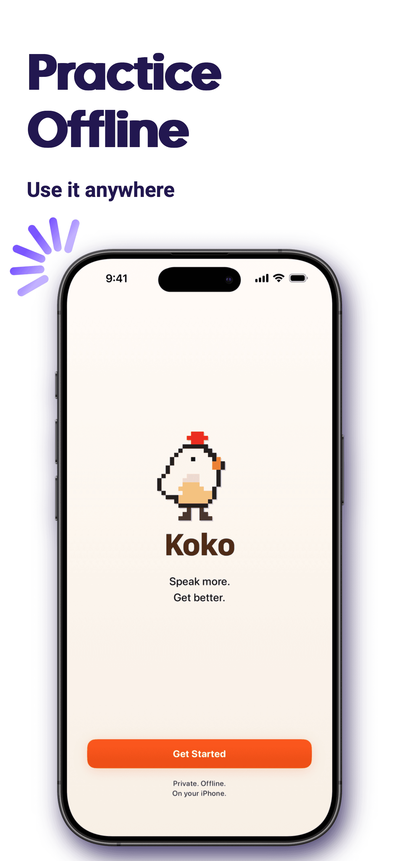 Koko welcome screen highlighting offline practice